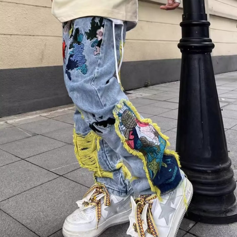 American Style Hong Kong Style Original American Style Street Heavy Embroidered Ripped Jeans Men's 2023 New Long Pants