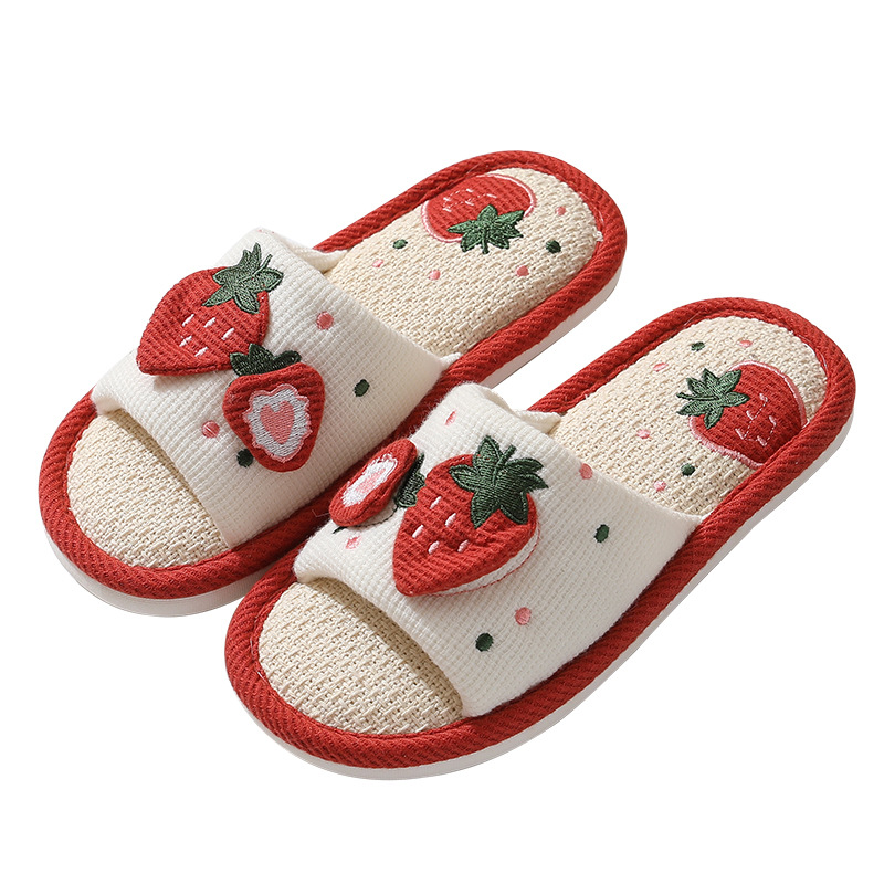 Spring and Autumn strawberry soft bottom home indoor slippers sweet girl heart flat Breathable linen cute slippers