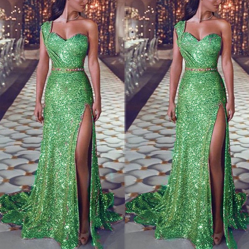 Summer Neck dress Long Banquet Elegant Sexy High-end One-shoulder Bronzing Long Evening Dress