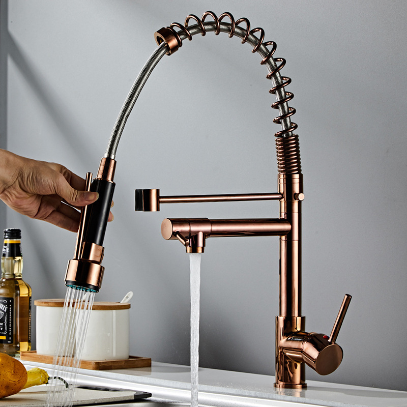 Cross-Border spring kitchen faucet pull-out type double water outlet cold and hot sink vegetable basin rotating rose gold faucet