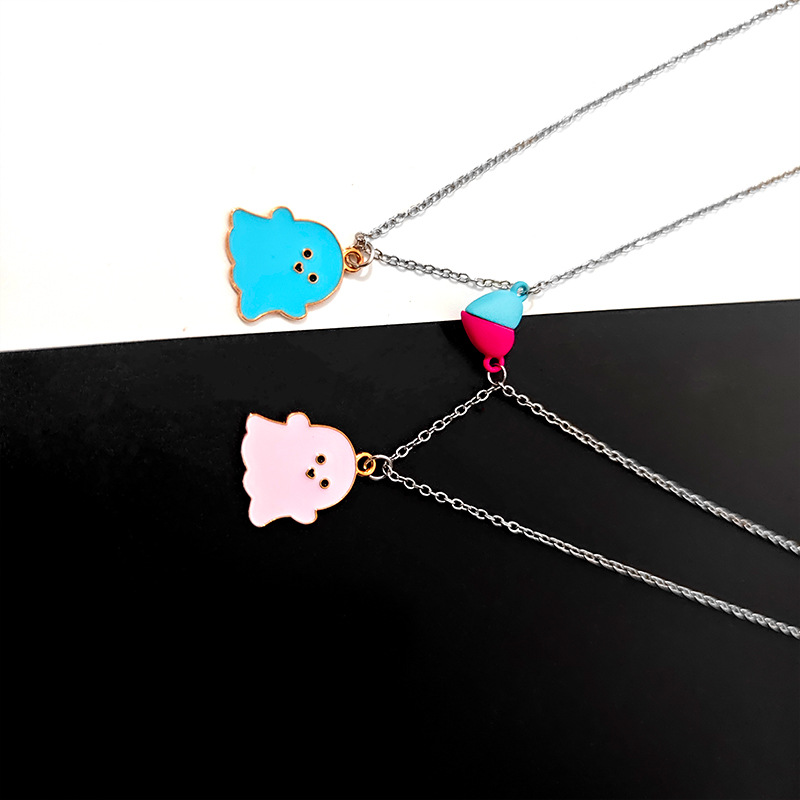Black and White Ghost Cartoon Necklace Halloween Gift Jewelry Magnetic Brushstone Pendant Personalized Couple Stainless Steel Necklace