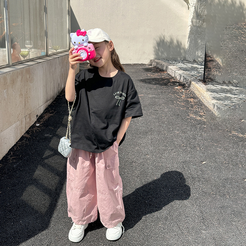 Emo Beibei Children's Clothing 2024 Summer Children's Short-sleeved Large and Small Girls Han Fan Loose Back Bow T-shirt
