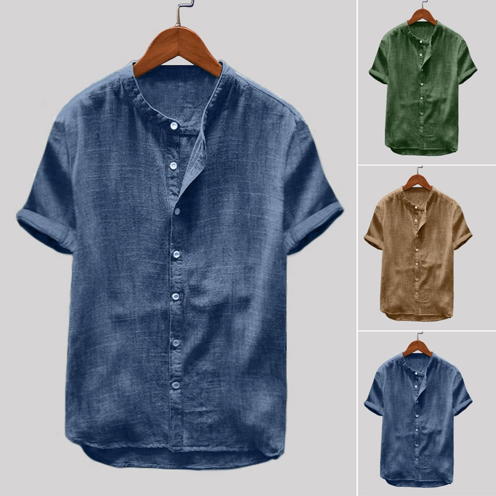 Spot 2023 new men's casual stand collar short sleeve cotton shirt Europe and the United States sales explosion top C195