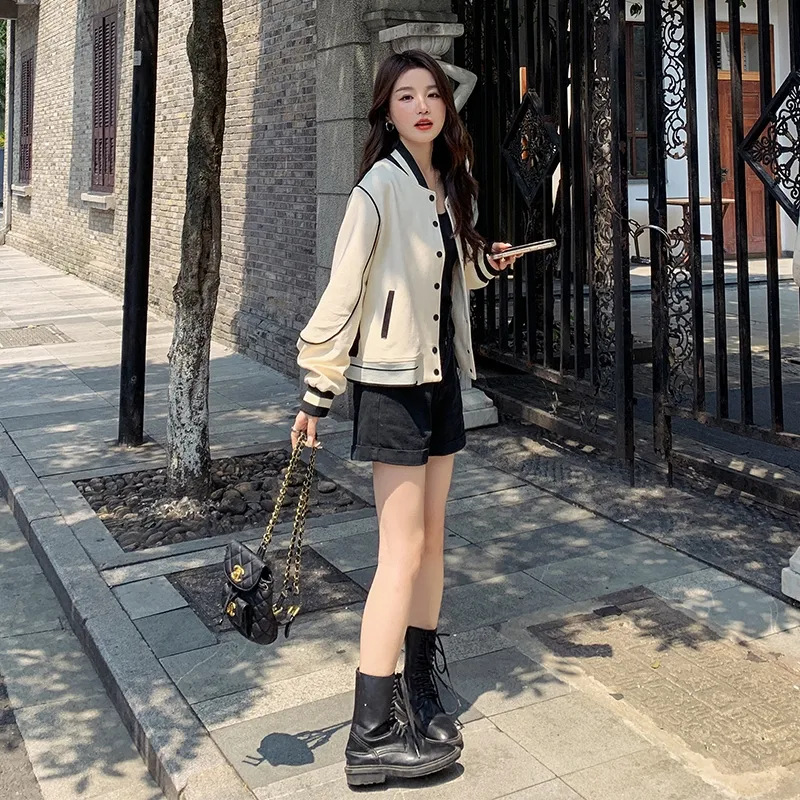 vintage Baseball Suit Women's 2023 New Spring and Autumn Collar Short Jacket Thin Casual Jacket ins Trendy