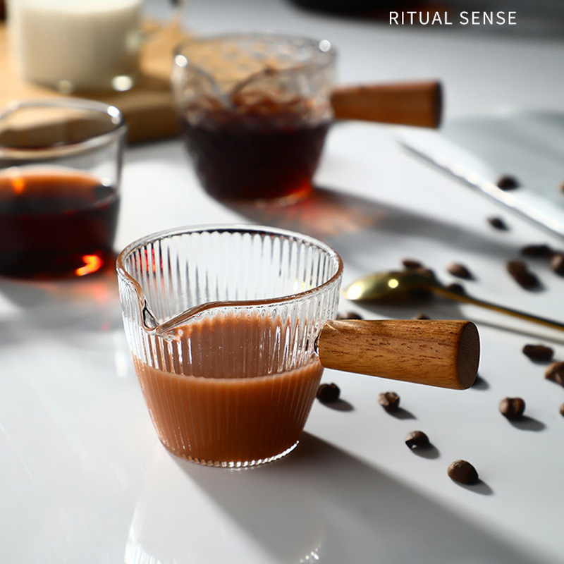Simple Glass Striped Small Milk Cup Vertical Grain Glass Coffee Measuring Cup Hammer Solid Wood Wooden Handle Milk Pot Wooden Handle Coffee Cup
