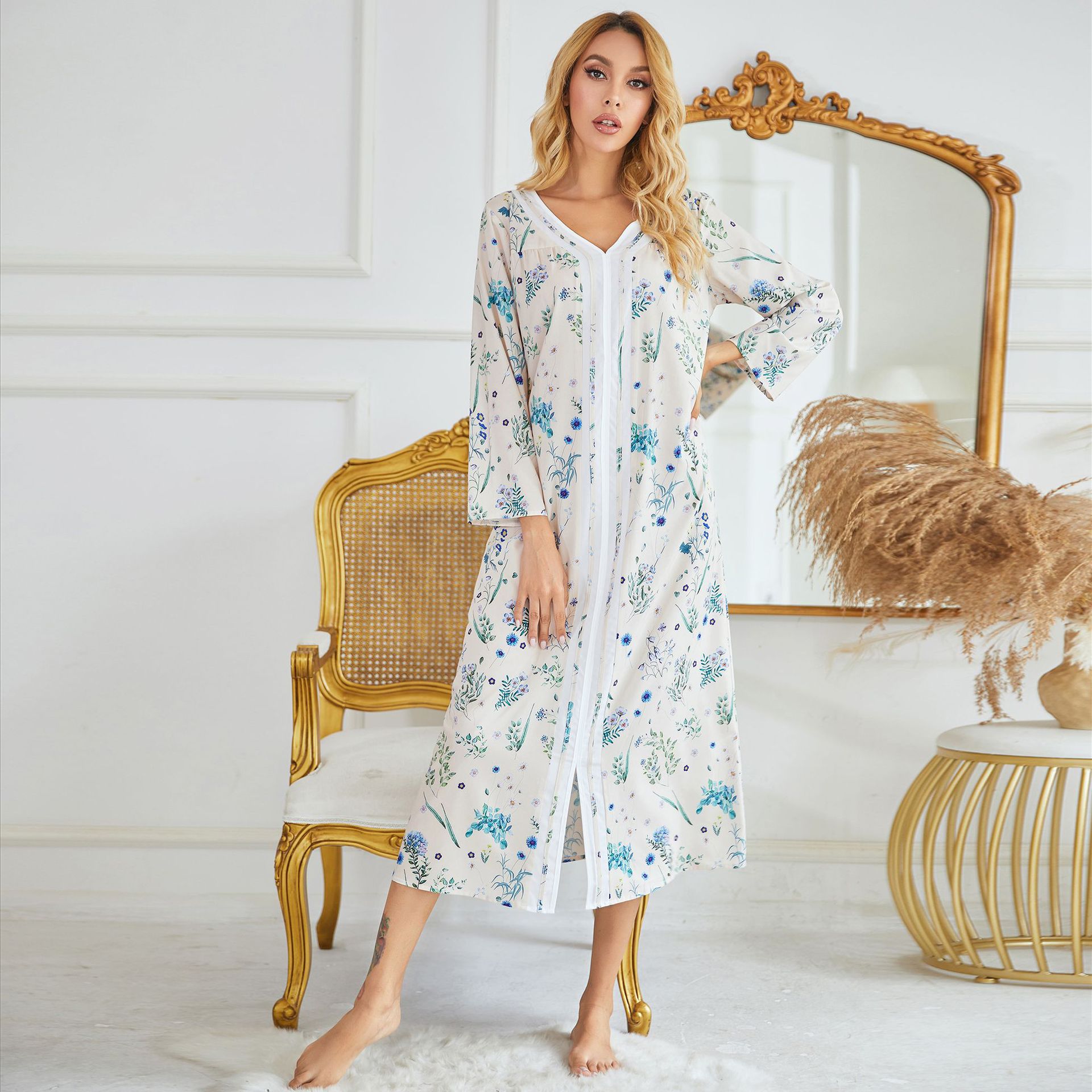 Cross-border Autumn and Winter European and American Women's Home Clothes Pajamas Woven Printed Long Sleeve Long Skirt Pullover Home Split Nightgown Women