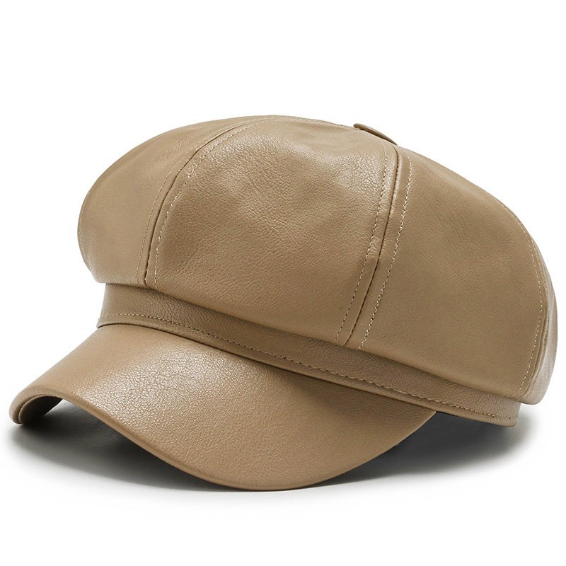 Autumn and winter new Korean style PU leather octagonal hat men's and women's all-match painter hat retro newsboy hat literary painter hat