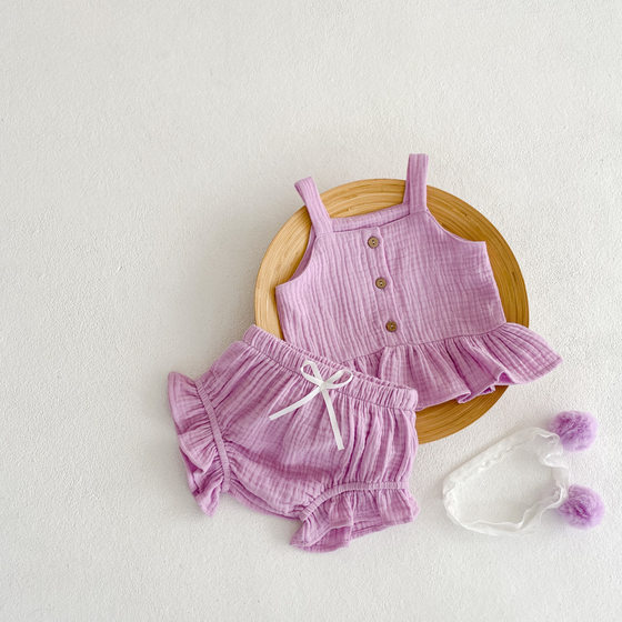 Spot ins Baby Summer Candy Color Baby Clothes Baby Breathable Cotton and Linen Sling Fart-wrapped Pants Two-piece Set
