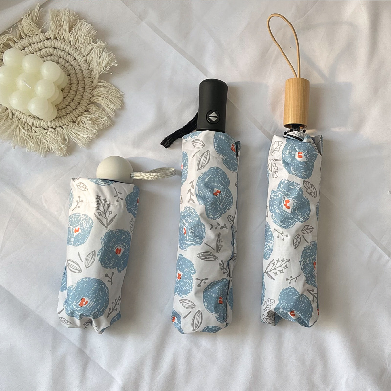 Gentle Pastoral Style Automatic Folding Umbrella Women's Dual-Use Oil Painting Small Blue Flower Sunshade Sun Umbrella Sunscreen Women