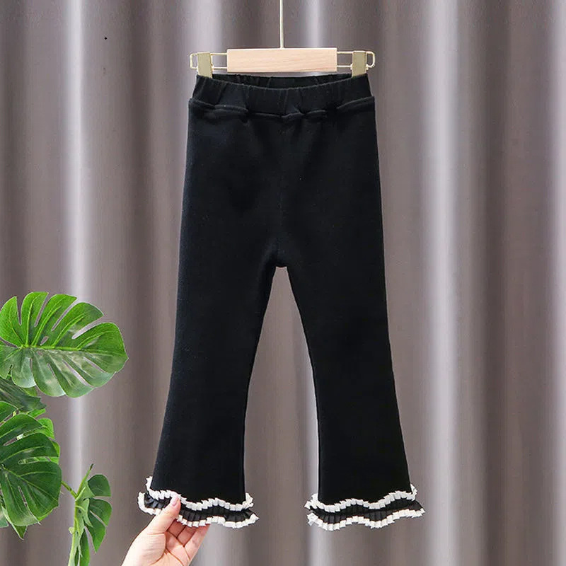 Girls' flared pants autumn and winter fleece-lined new children's black pants outer wear trousers versatile casual pants baby girl