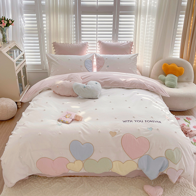 Love pendant | Princess style Korean style fur ball pure cotton washed cotton four-piece cotton girl's heart bedding