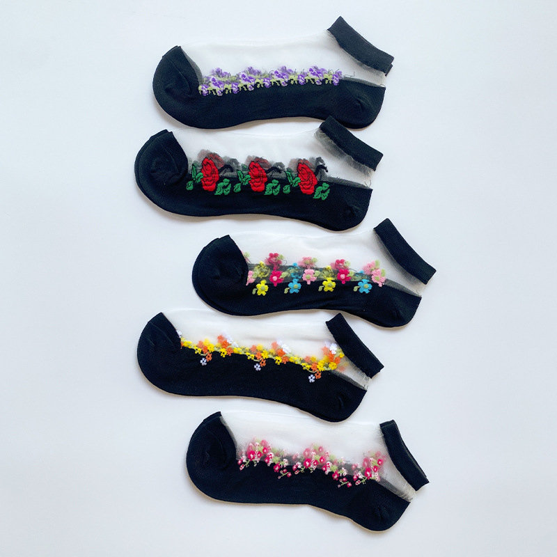 European and American popular women's mid-calf Crystal stockings spring and summer thin embroidered glass Silk women's socks middle-aged and elderly non-slip socks