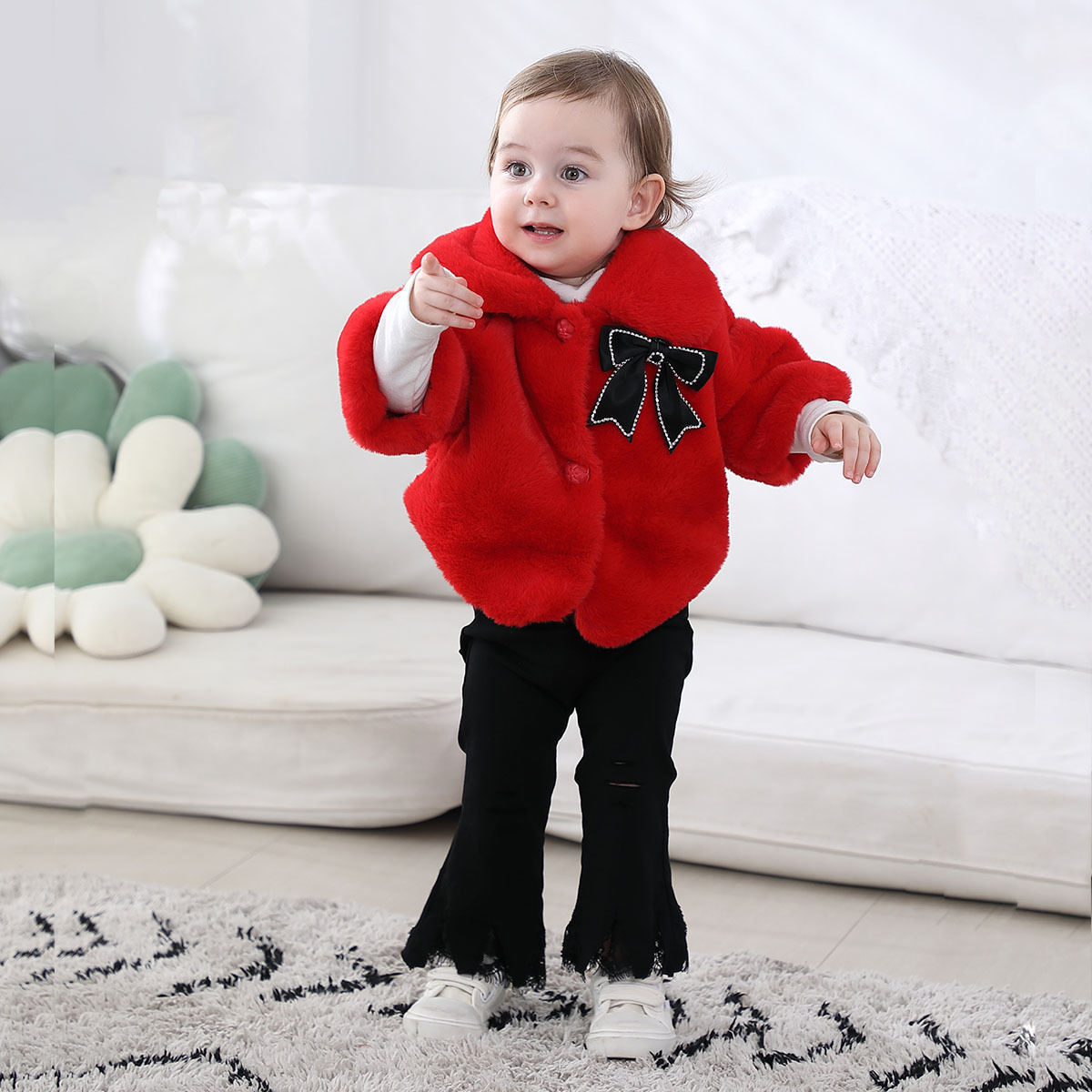 Baby Woolen Sweater Autumn and Winter Girls' Cloak Baby Girl's Top Warm Outer Wear Faux Fur Jacket Foreign Trade New Style