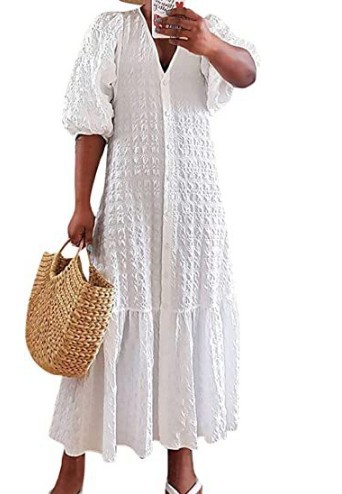 Amazon 2023 Summer Hot Sale New Arrival Tatting Solid Color V-Neck Button Pleated Loose Casual Dress