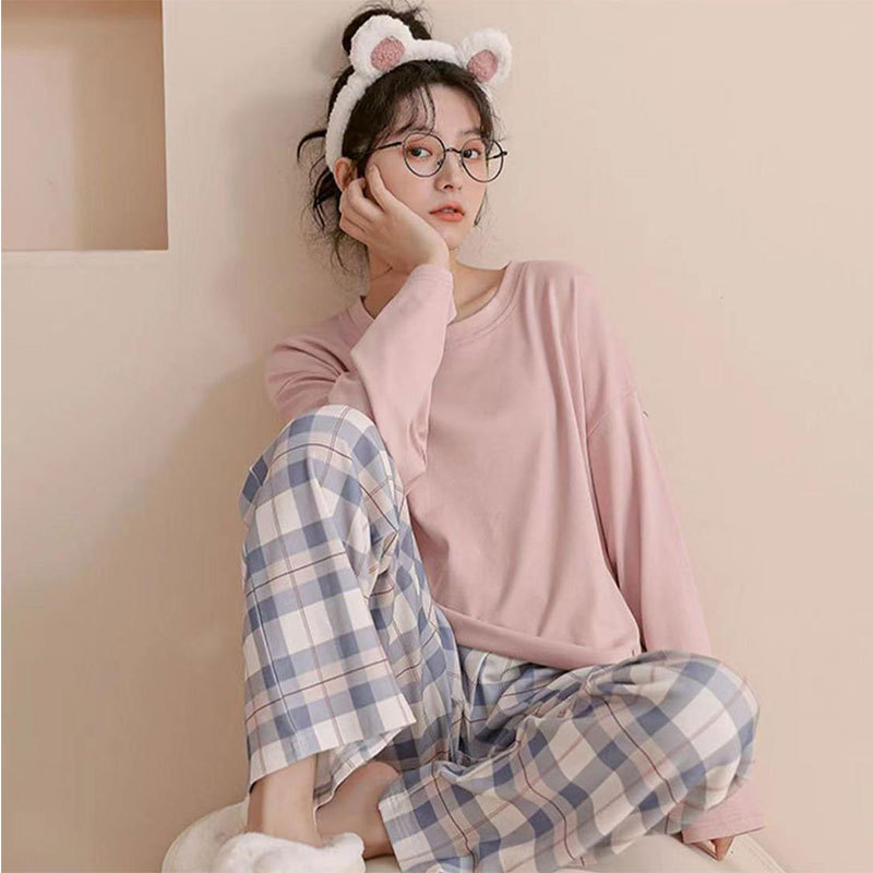Women's Spring and Autumn Pajamas Set, Long-Sleeved Checkered Sweet Homecoming Clothes, Instagram Style, Student Casual Two-Piece Set, Wearable Outside