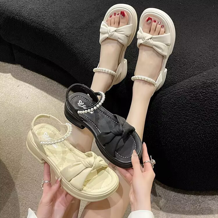 Foreign Trade Thick Bottom Bow Sandals 2023 Summer New Horseshoe Heel Pearl Fairy Style Sandals Outer Wear Single-layer Shoes for Women