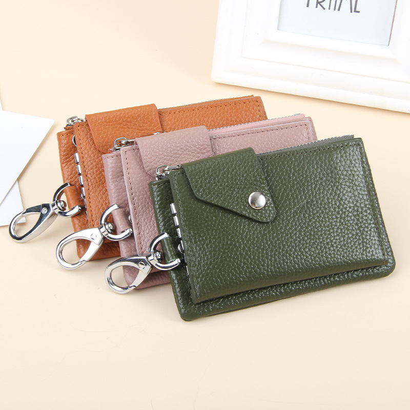 Top Layer Cowhide Key Bag Waist Hanging Hook Lock Key Bag Genuine Leather Zipper Hasp Ultra-Thin Multi-Card Coin Purse Trendy