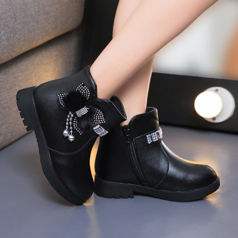 Children's Cotton Boots Princess Fashion Bow Baby Warm Leather Boots 2024 Winter Girls Rhinestone Medium Boots