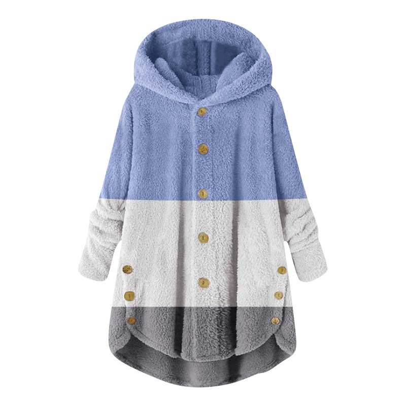 2023 Winter   New Fashion Women's European and American Button Plush Top Color Matching Multicolor Hooded Jacket_voghion.com