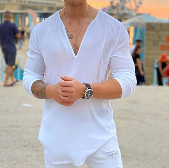 European and American Amazon Independent Station New Men's Shirt V-neck Casual Solid Color T-shirt 2023 Men's Cotton and Linen Shirt Long Sleeve
