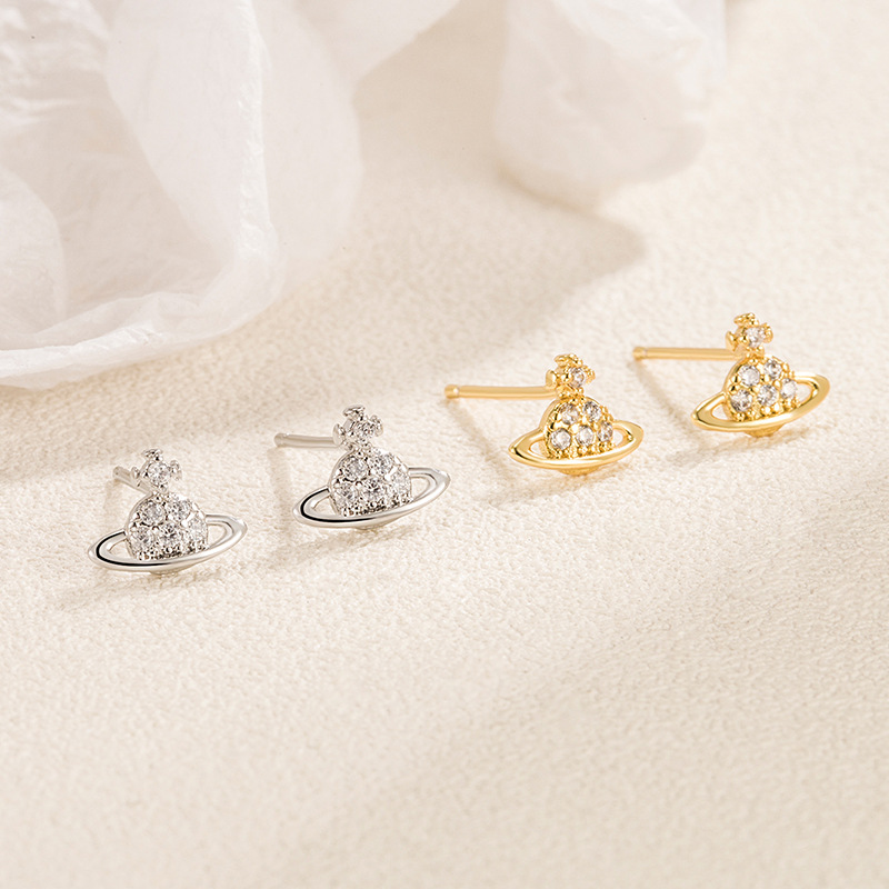 Saturn Zircon stud earrings niche design unique 2023 popular full diamond mini earrings fashion small cute earrings