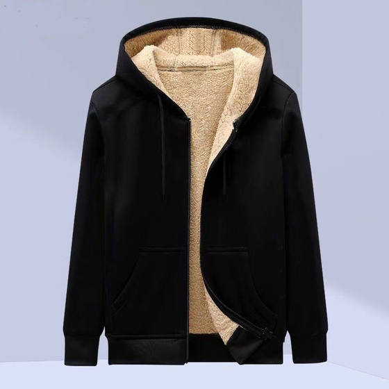 Men's Fleece-lined Thickened Hooded Sweater Teenager Cardigan Top Student Zipper Sweater Men's Size Coat