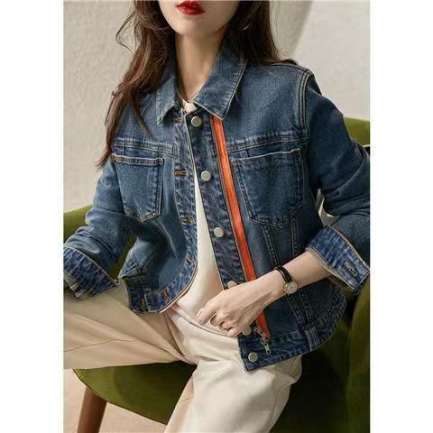 Contrast Color Zipper Denim Jacket Women's New 2023 Early Spring Retro Fashion All-match Short Jacket for Petite Spring and Autumn