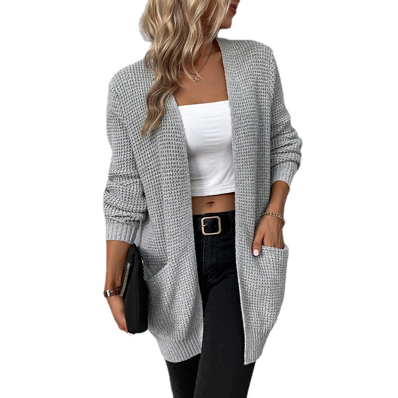 Mao Mao Yu 2023 Autumn and Winter New European and American Cross-border Women's Knitted Sweater Solid Color Pocket Sweater Women's Cardigan Jacket