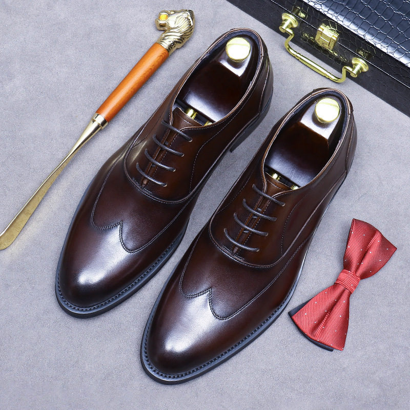 Wholesale Cowhide Leather Business Dress Handmade Oxford Groom Wedding Shoes Men's British Lace-Up Casual Inner Height Increasing Men's Shoes