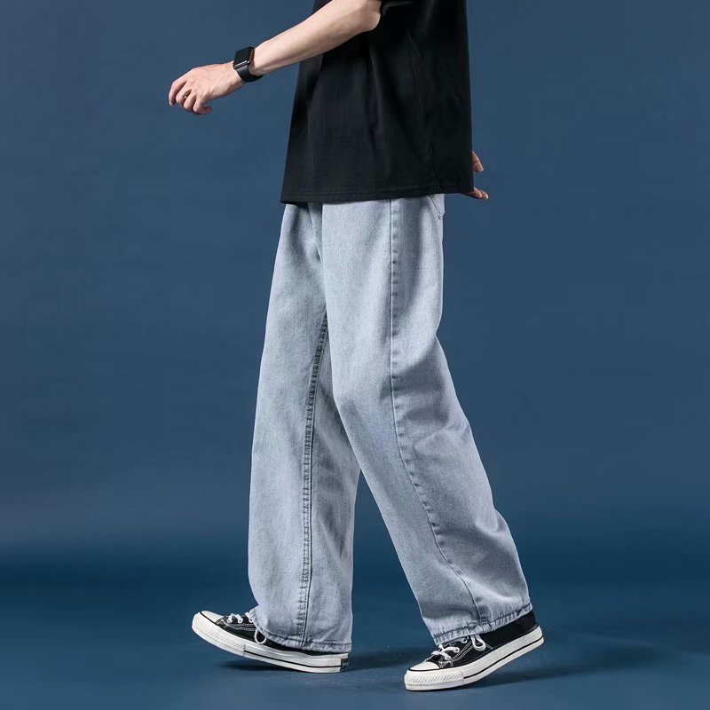 Light Color Jeans Men's Loose Fashionable Brand Washed Straight Pants Korean Style Fashionable Retro Wide Leg Dads Pants