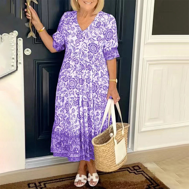 Summer 2023 Amazon Foreign Trade Elegant Commuter Long Floral Tie-Dye Printed Large Size Loose All-match Dress for Women