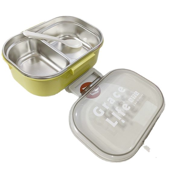 Stainless steel lunch box wholesale High-looking primary school student two-grid lunch box Korean lunch box office worker with rice with tableware