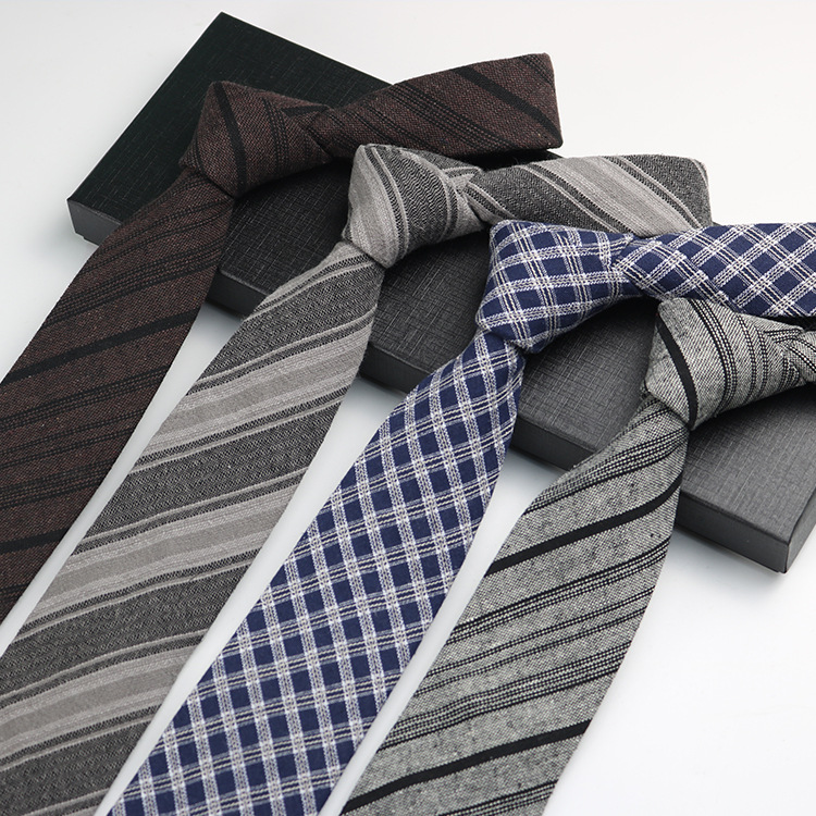 Tie Men's Korean Style Retro British Style 7cm Narrow Black Grey Striped Plaid Cotton Linen Shirt Student School Style Hands