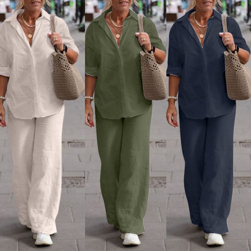 European and American Cross-border Women's Two-piece Suit Women's 2023 Lapel Long-sleeved Shirt Spring and Autumn Casual Solid Color Pants Wide-leg Suit