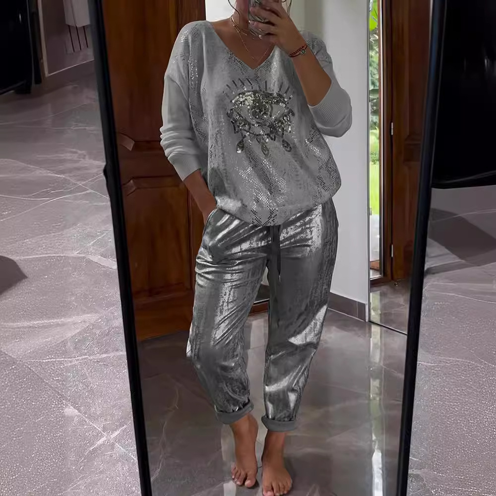 2024 Cross-border Explosions Evil Eye Bronzing Top and Pants Shiny Suit Large Size Women's Summer Independent Station