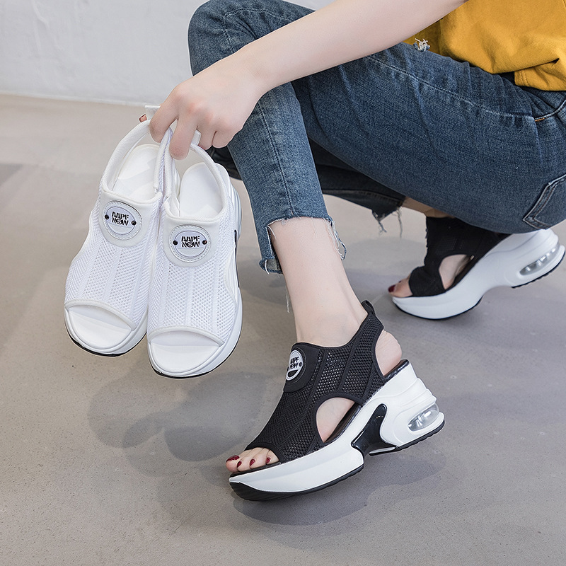 8cm Women's Sandals Black White Breathable Mesh Fly Woven Heightened Sandals Summer Breathable Wedge Sandals Women