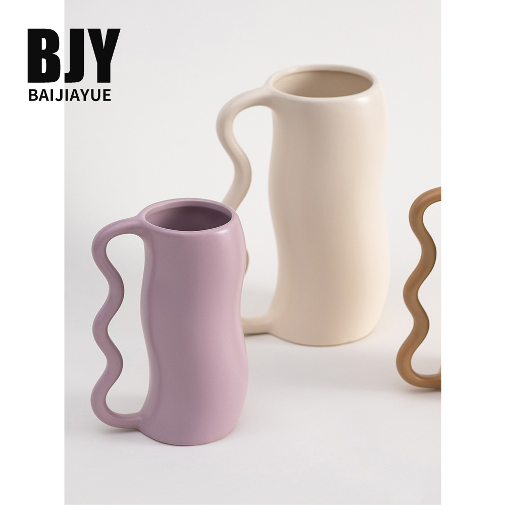 Phaka Yue Modern Quiet Wave Handle Ceramic Vase Ornaments Creative Living Room Flower Arrange Flower Set Home Decorations
