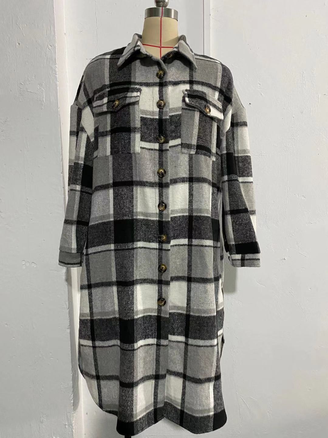 2022 autumn and winter European and American temperament windbreaker coat side slit lapel loose woolen plaid shirt coat in stock_voghion.com