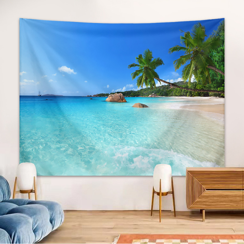 Seaside landscape tapestry Blue Sky coconut tree beach background wall hanging cloth living room bedroom background wall decoration tapestry