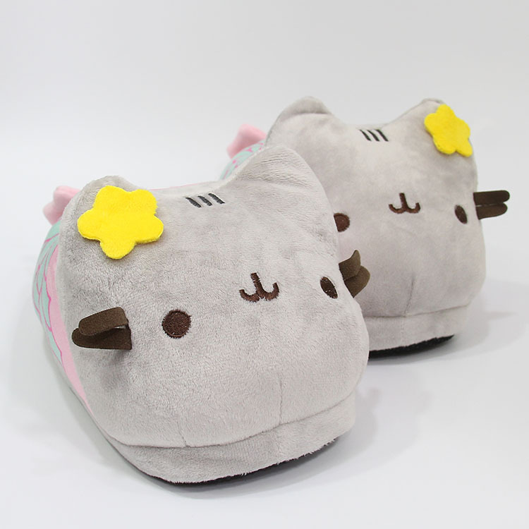 Pantoufles en peluche de dessin animé sirène gros chat gris, chaussures d'intérieur et d'hiver pour la maison, pantoufles en coton avec chat mignon, chaussures de lune pour femmes_voghion.com