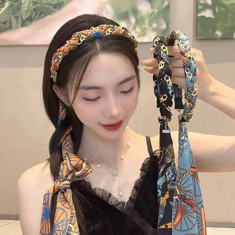廠家直銷鏈條發箍帶飄帶緞面布藝壓發卡頭箍髮帶女綁發編發頭飾