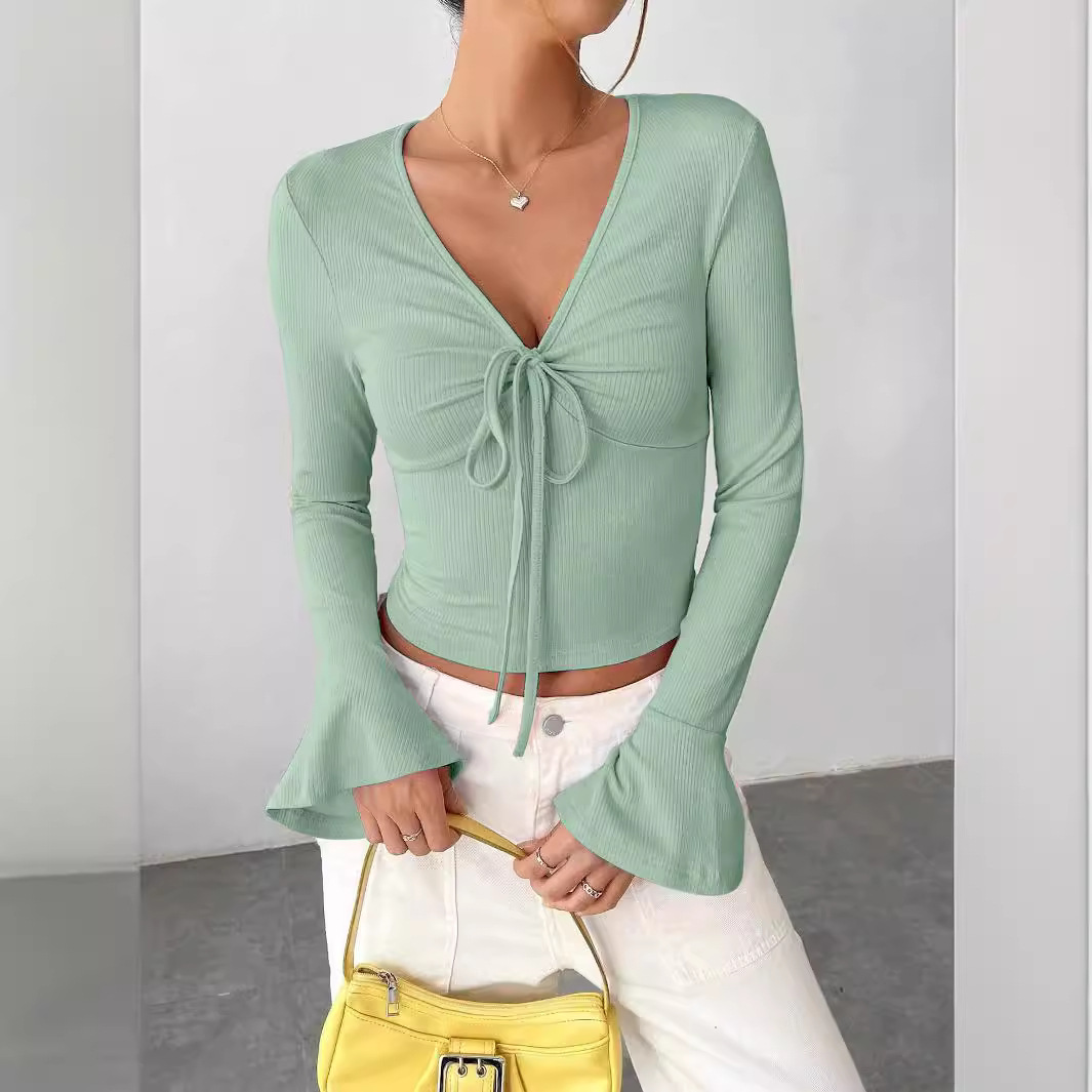 2024 Women's Autumn and Winter in stock Crossing into Amazon AliExpress Independent Station Urban Women's Horn Sleeve V-Neck Self-Buckle