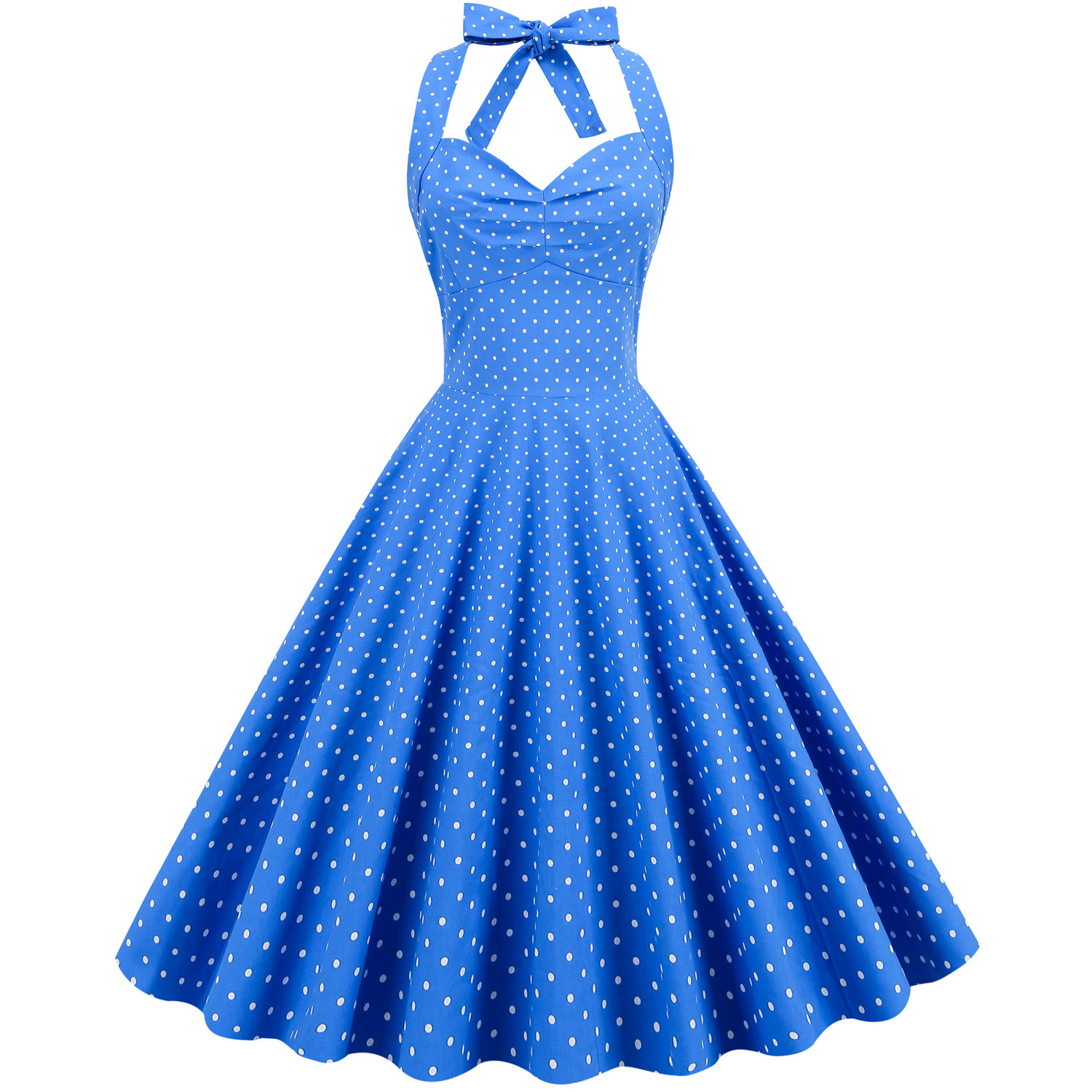 Cross-border Hot Sale Retro Wave Point Hanging Neck Backless Lace-up Slim Slim-fit Waist Palace Large Swing Dress for Women in Europe and America