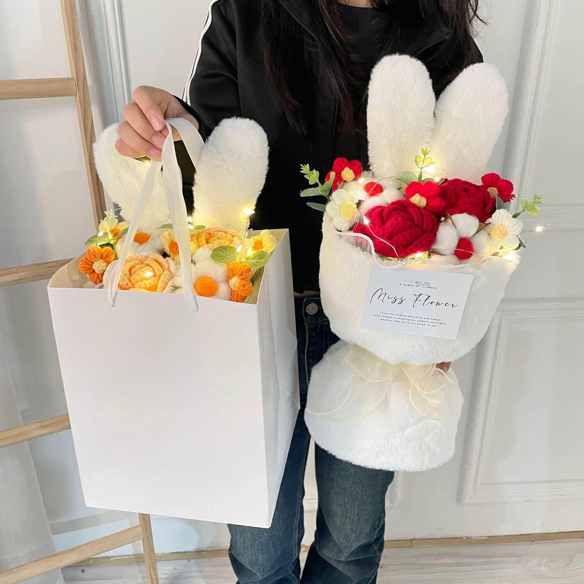 Rabbit ears bouquet Net red knitted flower doll June 1 Children's Day gift bouquet to send his girlfriend a generation