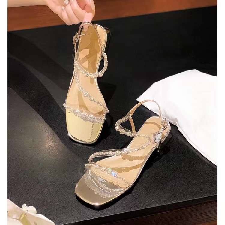 Grape Mom Same Style 2023 Summer New Korean Style Square Head Flash Diamond One-character High Heel Women's Shoes Thick Heel Sandals