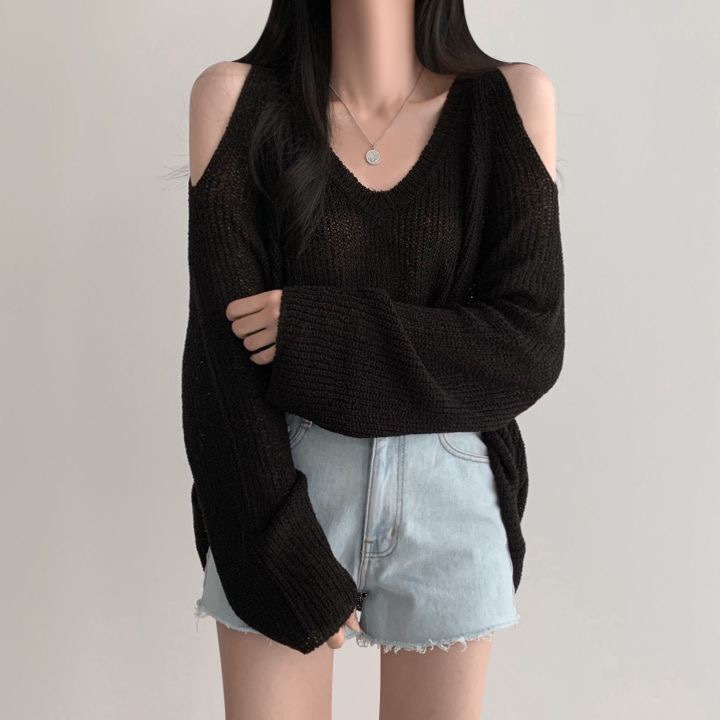 South Korea chic elegant V-neck off-shoulder loose lazy versatile casual sun protection solid color long sleeve sweater women's top_voghion.com
