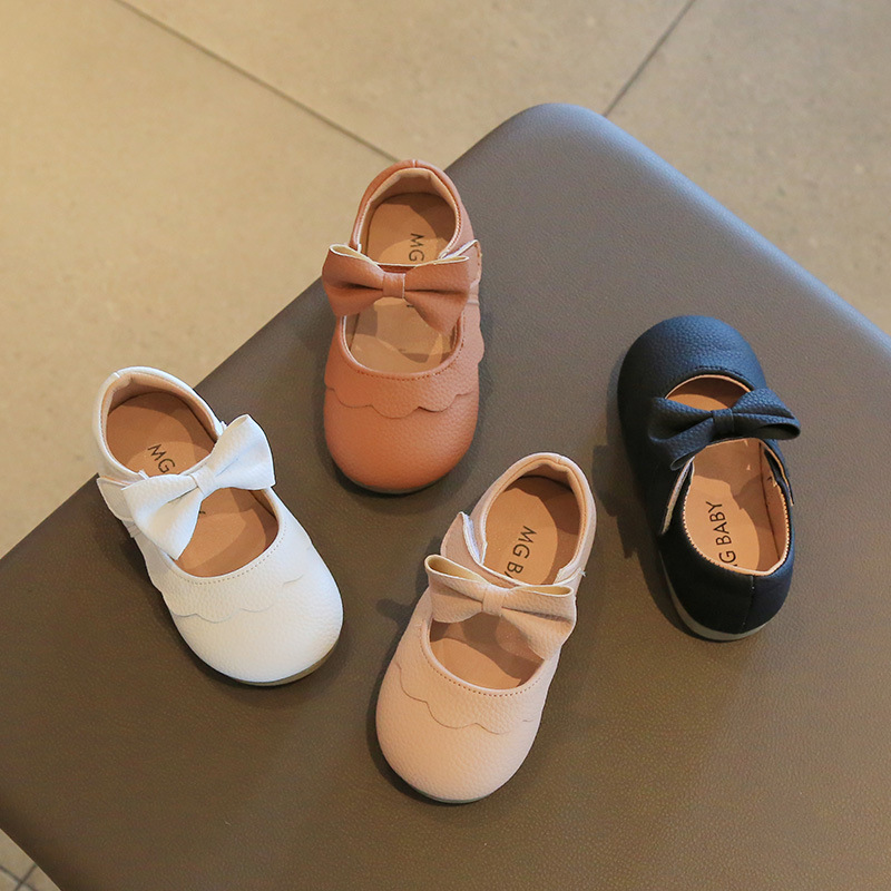 Children's small leather shoes 2023 spring new soft bottom bow princess shoes girls Korean casual hook and loop shoes