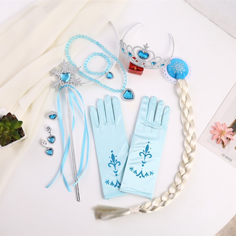 Cross-border in stock Children's headdress three-piece Princess wig Aisha printed gloves Crown magic stick braid suit