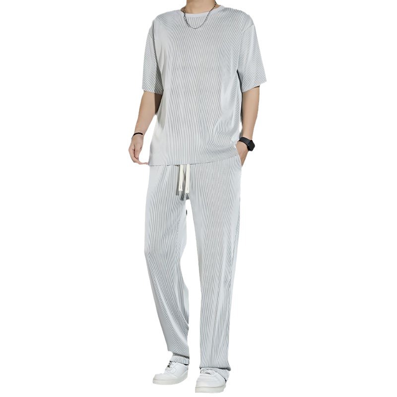 Ice Silk sports suit men's summer thin short-sleeved T-shirt quick-drying casual long pants wear half-sleeved clothes set