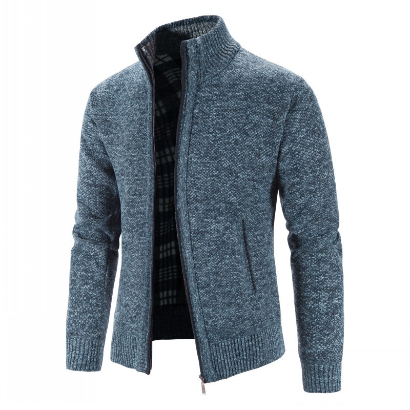 2021 autumn and winter New plus velvet padded large size sweater coat stand collar cardigan Korean casual sweater men's coat